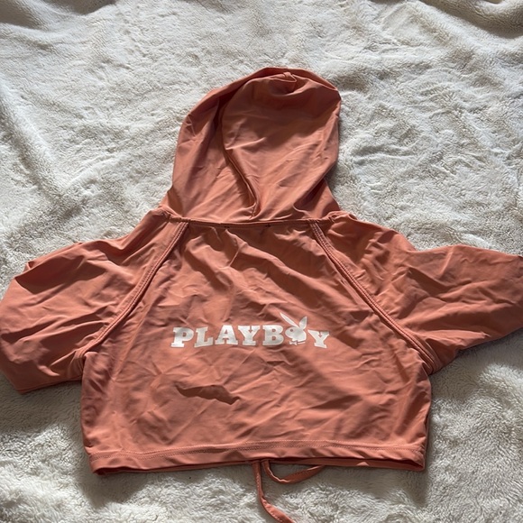 Playboy Bunny Ruched Crop Hoodie  Coral| Y2K Streetwear Pullover Sweater Medium - Picture 4 of 5